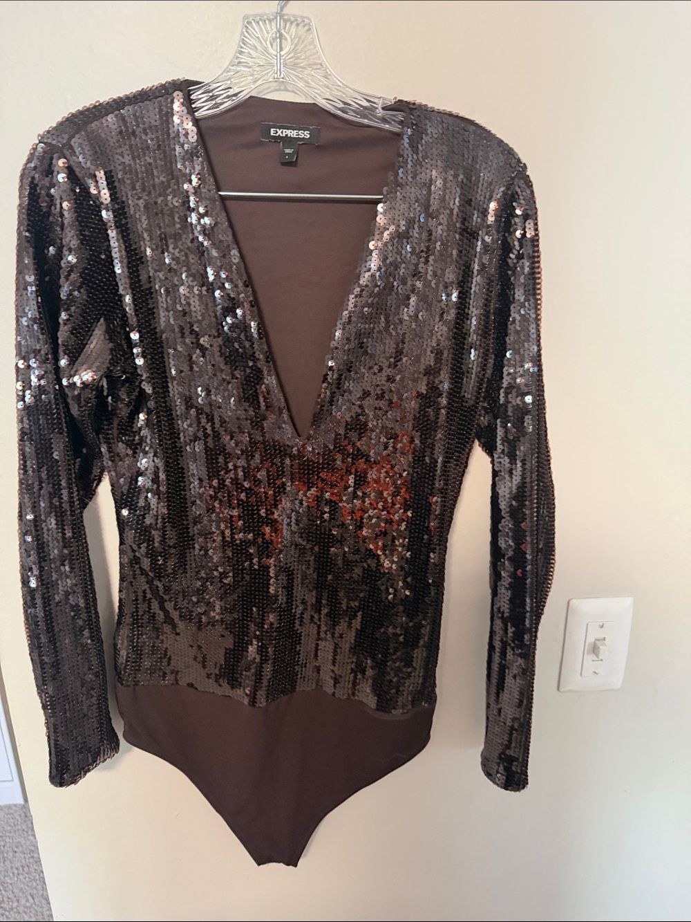 Express Chocolate Brown Sequin Deep V Long Sleeve Bodysuit Size L Party